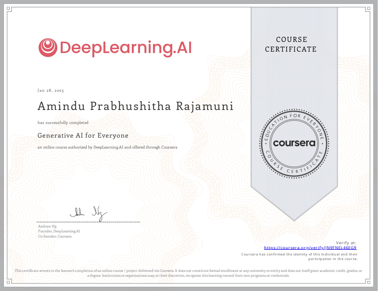 Generative AI for Everyone
Certificate of Completion